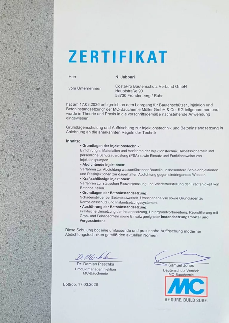 Teilnahme am MC-Bauchemie-Lehrgang: Injektion und Betoninstandsetzung zur Bauwerksabdichtung und Sanierung am 17.03.2026